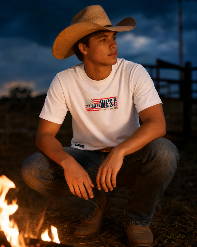 Homem de chapéu vestindo a camiseta branca American West ao lado da fogueira