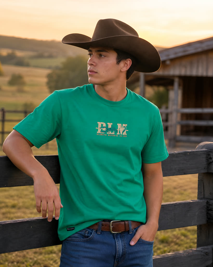 Homem de chapéu vestindo a camiseta verde DLM encostado na cerca