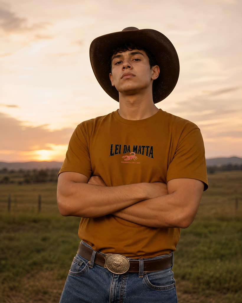 Homem de chapéu vestindo a camiseta caramelo Lei da Matta ao pôr do sol