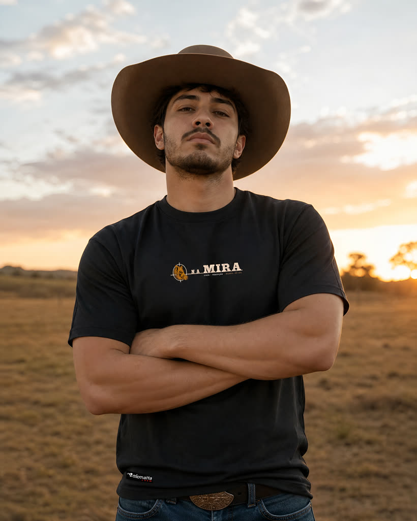 Homem de chapéu vestindo a camiseta preta Na Mira no campo aberto