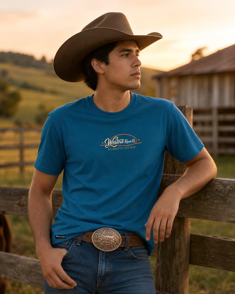 Homem de chapéu vestindo a camiseta azul petróleo Western Ranch Co. encostado na cerca
